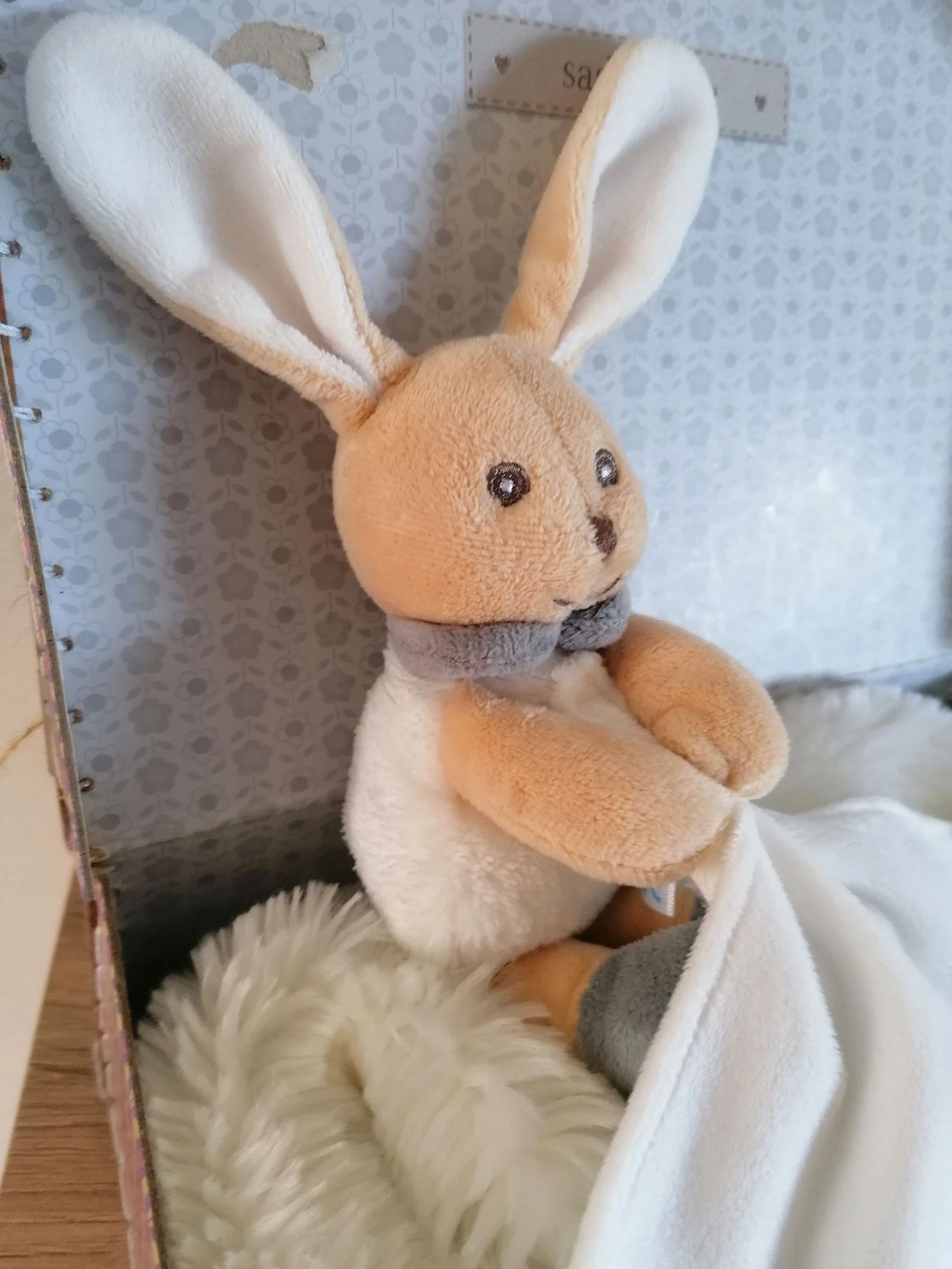 Pelúcia de coelho segurando seu lenço bege branco e cinza, Chicco – photo 2